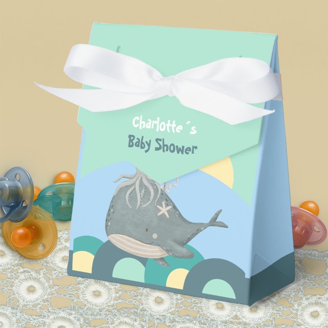 Caixinha De Lembrancinhas Chá de fraldas Verde Lula de Baleia Náutica Adoráv (Lovable Nautical Whale Squid Green Baby Shower Favor Boxes ©Susanne Sachers - Sunny Mind Design 🌞)