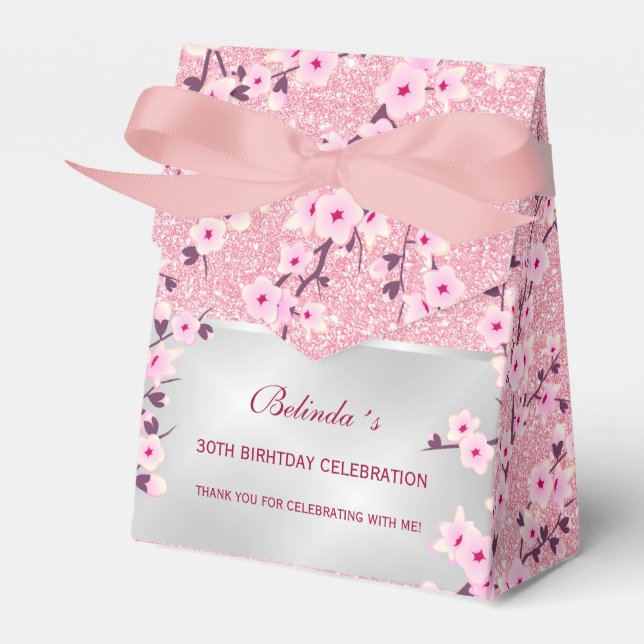 Caixinha De Lembrancinhas Cherry Blossomo Rosa Obrigado Leve Seu Aniversário (Frente)