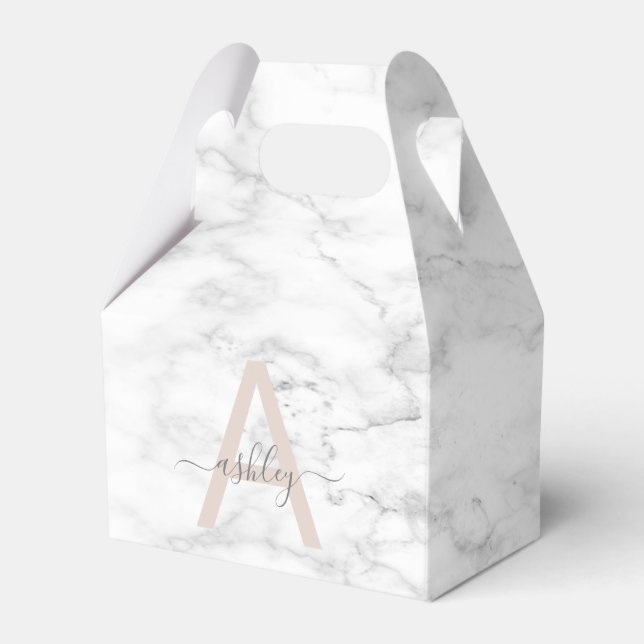 Caixinha De Lembrancinhas Chic Blush White Marble Script Name Monogramo (Frente)