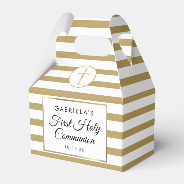 Caixinha De Lembrancinhas Chic Elegant Dourada Stripe Primeira Santa Comunhã (Frente)