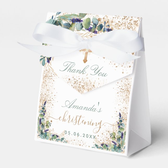 Caixinha De Lembrancinhas Christening eucalyptus glitter name obrigado você (Frente)