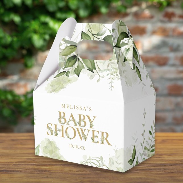 Caixinha De Lembrancinhas Chuva Botânica Verde Dourado Chá de Bebê (Greenery Botanical Foliage Gold Baby Shower Favor Box)