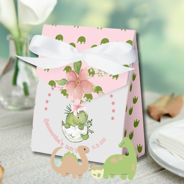 Caixinha De Lembrancinhas Chuva de Bebê Dinossauro Eclodindo com Laço Rosa  (Hatching Dino with Pink Bow Baby Shower Favor Boxes)