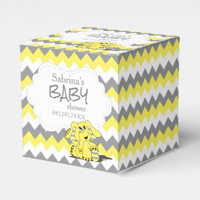 Caixinha De Lembrancinhas Chuva de Bebê Elefante com Chevron Amarelo e Cinza (Frente)