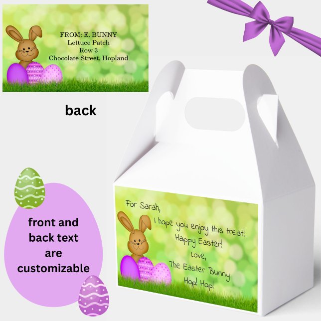 Caixinha De Lembrancinhas Coelho da Páscoa Personalizado para Crianças Fofo (Cute personalized purple + green Easter favor boxes! Add a message from the Easter Bunny himself.)