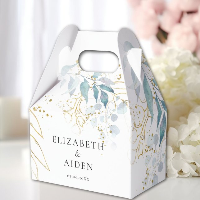 Caixinha De Lembrancinhas Coleção de Casamentos Brancos Dourados Azul ( Imit (Blue Gold( Imitate ) White Wedding Collection Favor Boxes with your name and date.)