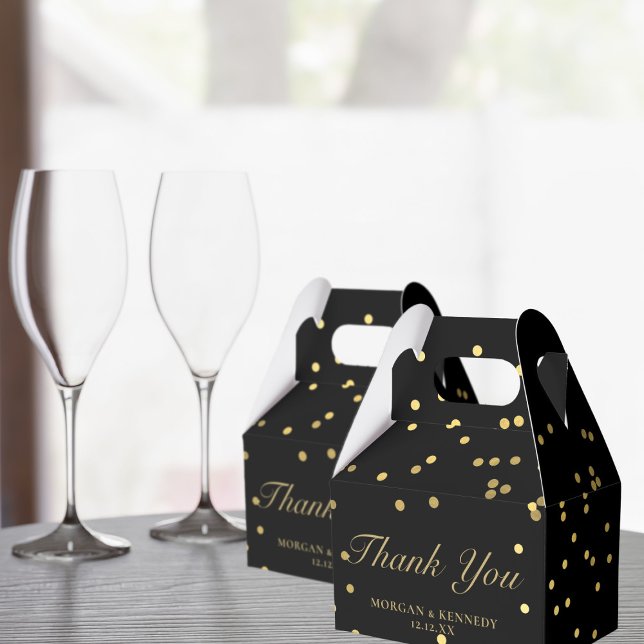 Caixinha De Lembrancinhas Confetti Negro e Dourado Elegante Obrigado Casamen (Elegant black and gold favor boxes with space for your name and initials)