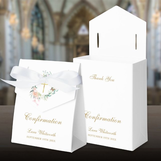 Caixinha De Lembrancinhas Confirmação de Rosas em Guirlanda Floral com Letra (Roses Floral Garland Gold Script Confirmation Favor Boxes)