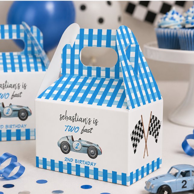 Caixinha De Lembrancinhas Convite de 2º Aniversário de Dois Carros de Corrid (Two Fast Blue Race Car 2nd Birthday Invitation Favor Boxes)