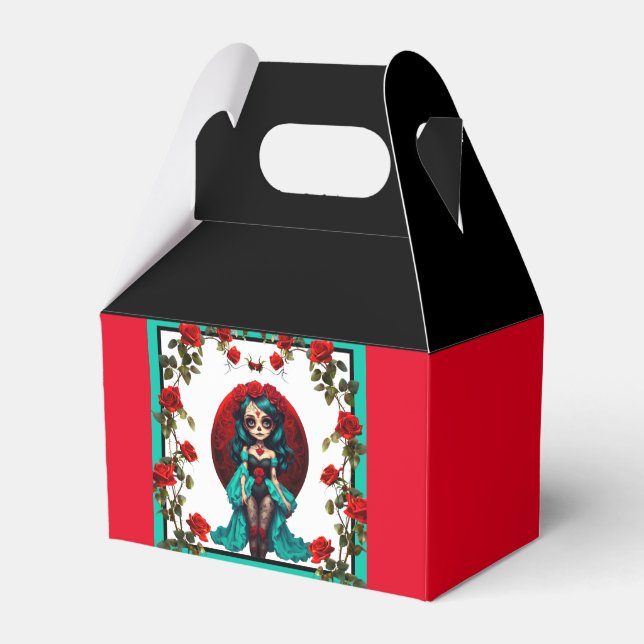 Caixinha De Lembrancinhas Crânios de açúcar de chá e Rosas vermelhas (Frente)