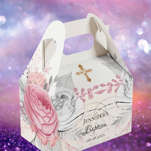 Caixinha De Lembrancinhas Cruzamento elegante prateado floral, cor-de-rosa,  (Criador carregado)