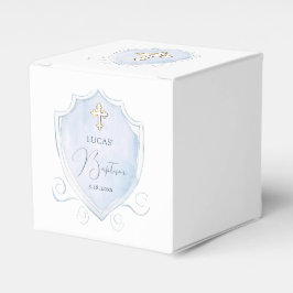 Caixinha De Lembrancinhas Cubo De Batismo De Crest De Aquarela Azul-Elegante