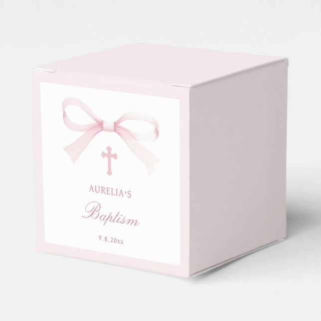 Caixinha De Lembrancinhas Cubo de Batismo Elegante Aquarela com Laço Rosa (Frente)