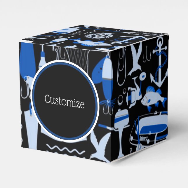 Caixinha De Lembrancinhas Cubo de Padrão Azul de Pesca Desaparecido (Frente)