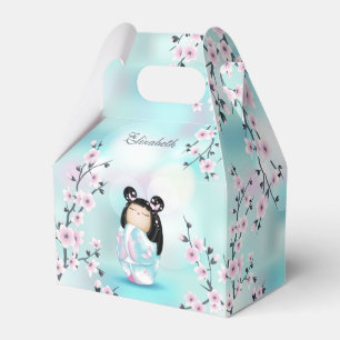 Caixinha De Lembrancinhas Cute Kokeshi Doll Cherry Blossoms Turquoise