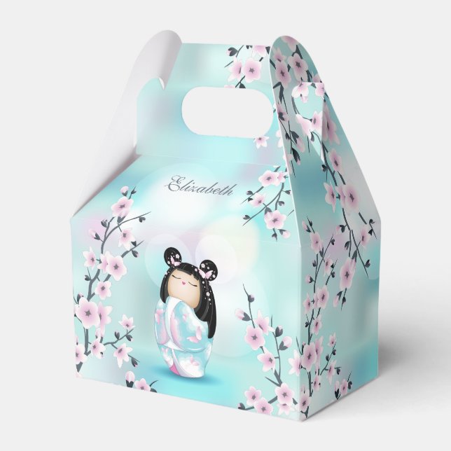 Caixinha De Lembrancinhas Cute Kokeshi Doll Cherry Blossoms Turquoise (Frente)