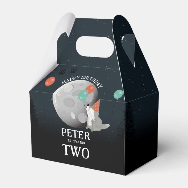 Caixinha De Lembrancinhas Cute Wolf Pack Woodland Moon Howling Birthday (Frente)