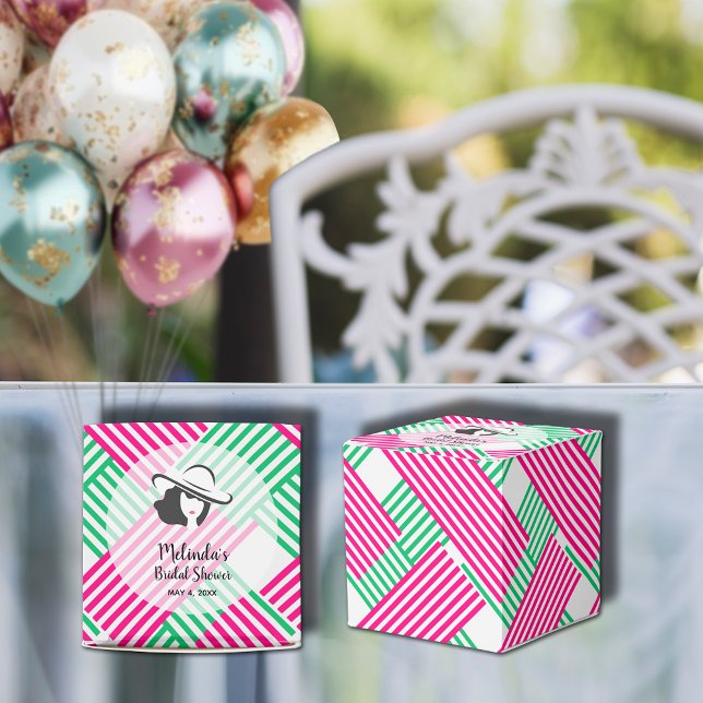 Caixinha De Lembrancinhas Dama de chapéu Derby Rosa Verde Listras Quadrado (Big Derby hat lady on hot pink and green diagonal stripes square bridal shower favor boxes)