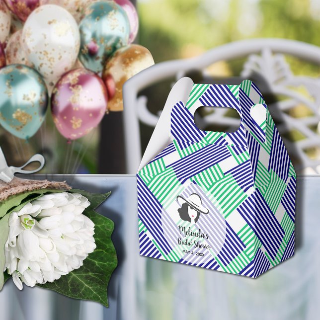 Caixinha De Lembrancinhas Dama de Chapéu Grande Derby Chá de Noiva Gable (Big Derby hat lady on blue and green diagonal stripes gable style bridal shower favor boxes)