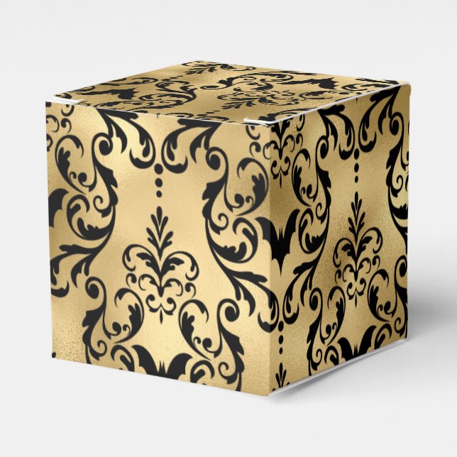 Caixinha De Lembrancinhas Damasco de Halloween Dourado e Preto (Frente)