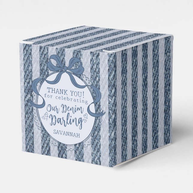 Caixinha De Lembrancinhas Denim Coquette Bow Blue Jean Birthday Favor Box (Frente)