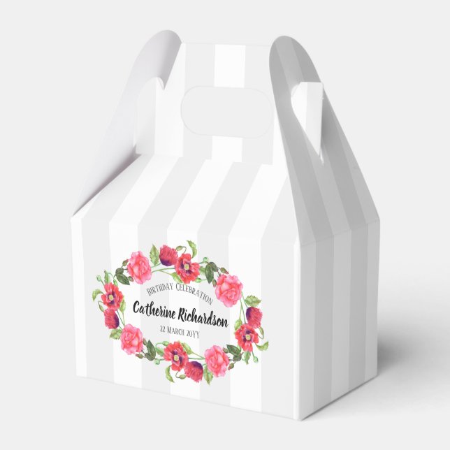 Caixinha De Lembrancinhas Desenho de grinalda de flores vermelhas e rosadas  (Frente)