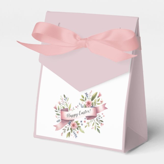 Caixinha De Lembrancinhas Design Floral de Páscoa com Fita Rosa (Frente)