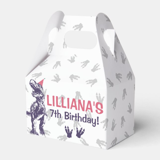 Caixinha De Lembrancinhas Dinossauro T-Rex em festas de aniversário rosa e r (Frente)