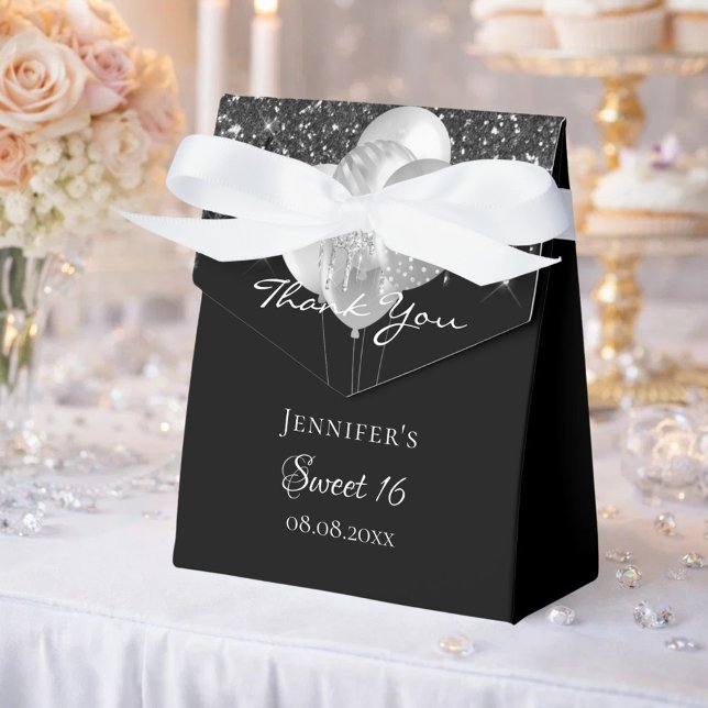 Caixinha De Lembrancinhas Doce 16 balões pretos de brilho prateado obrigado  (Criador carregado)