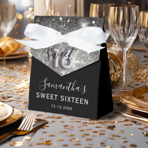 Caixinha De Lembrancinhas Doce Elegante 16 Silver Glitter e Aniversário Negr