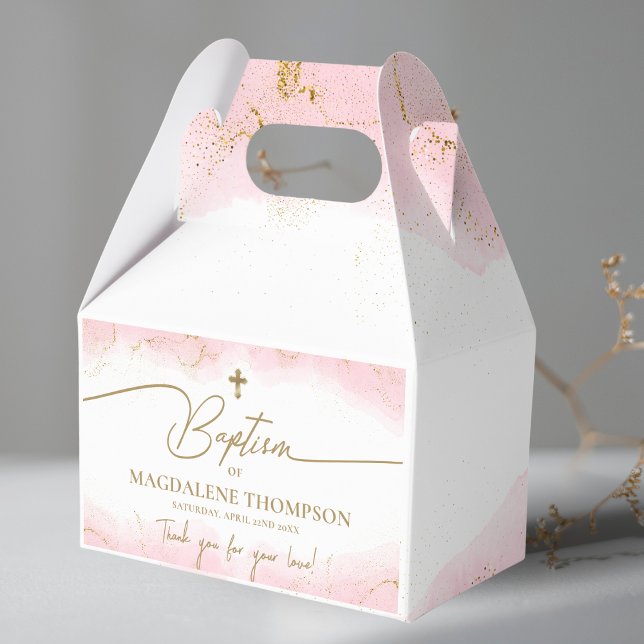 Caixinha De Lembrancinhas Dourada Cruz Rosa Obrigado Menina Batismo (Criador carregado)