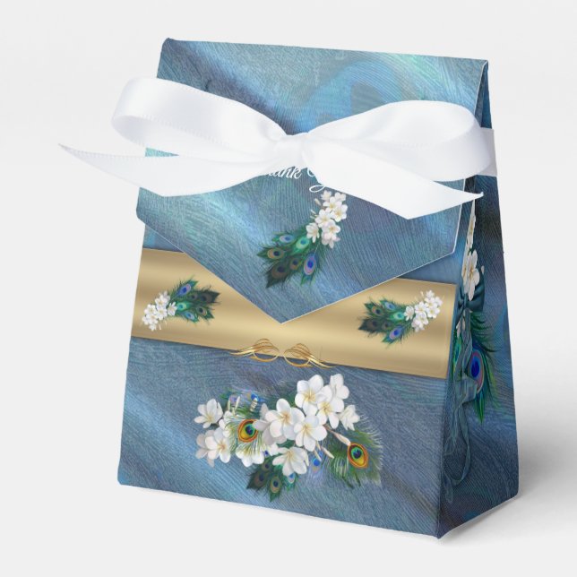 Caixinha De Lembrancinhas Dourado, Penas Peacock na Emerald Green Silk (Frente)