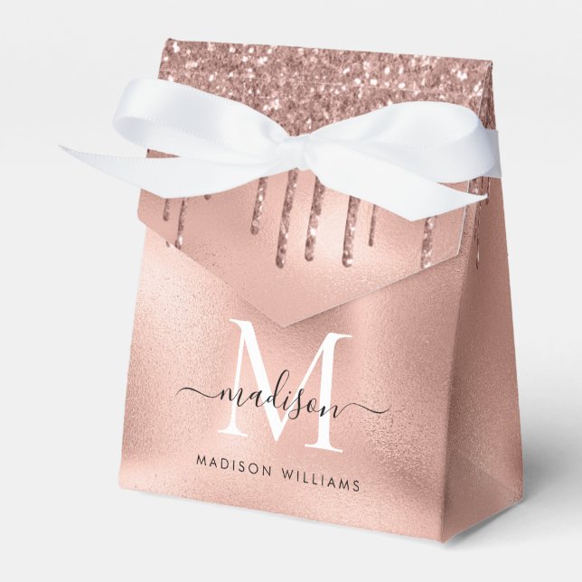 Caixinha De Lembrancinhas Dourado Rosa Metálico com Glitter Rosado que Gotej (Frente)