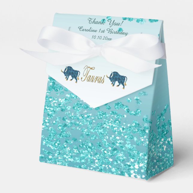 Caixinha De Lembrancinhas Dourado Taurus & Teal Blue Glitter Aniversário (Frente)