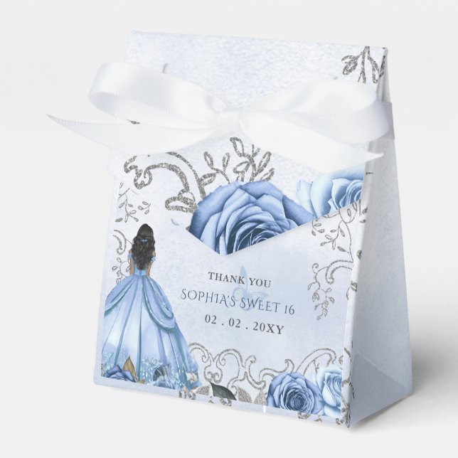 Caixinha De Lembrancinhas Dusty Blue Silver Floral Princess SWEET 16 (Frente)