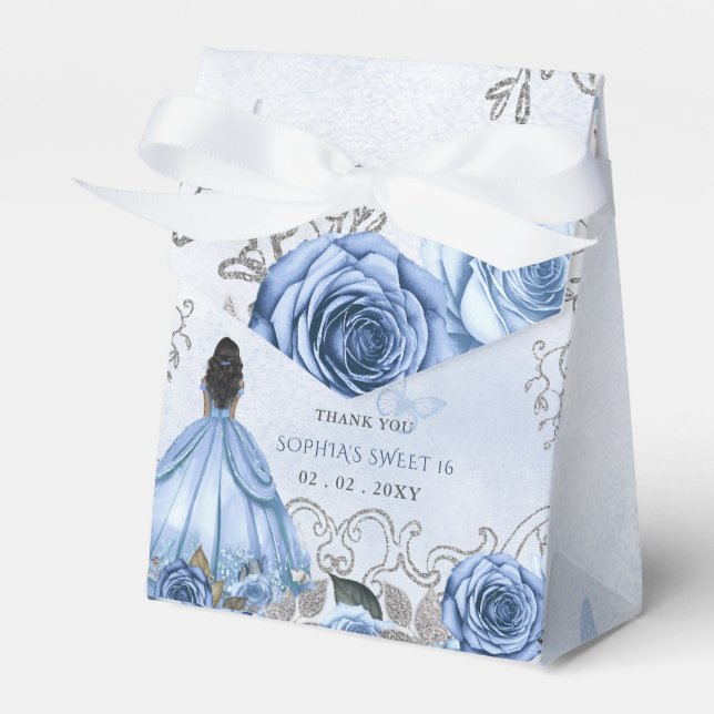 Caixinha De Lembrancinhas Dusty Blue Silver Floral Princess SWEET 16 (Frente)