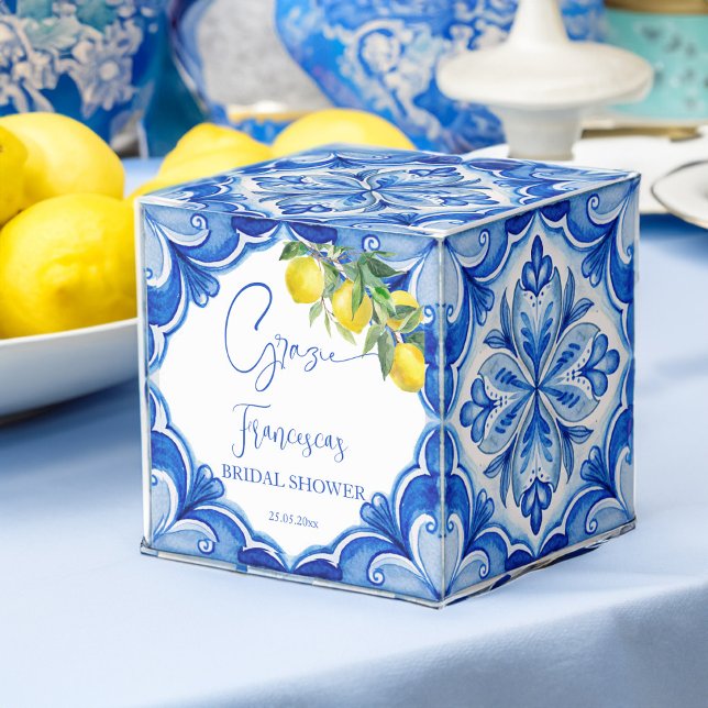 Caixinha De Lembrancinhas É mais azulejo azul, limão, chá de panela italiano (That's amore vintage Italian Blue tiles lemons bridal shower printed bonboniere candy Favor Boxes)