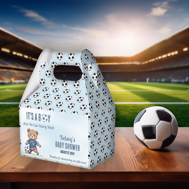 Caixinha De Lembrancinhas É um Chá de fraldas de jogador de esperanças de me (Cute Blue "It's A Boy and We Can Bearly Wait!" Teddy Bear Soccer Player Boy Baby Shower Favor Box)