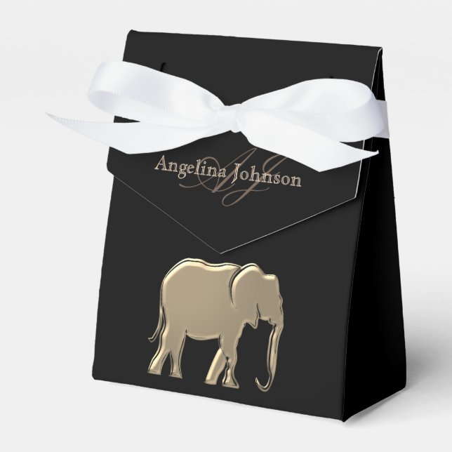 Caixinha De Lembrancinhas Elefante Preto e Dourado Monogramado com Classe e  (Frente)