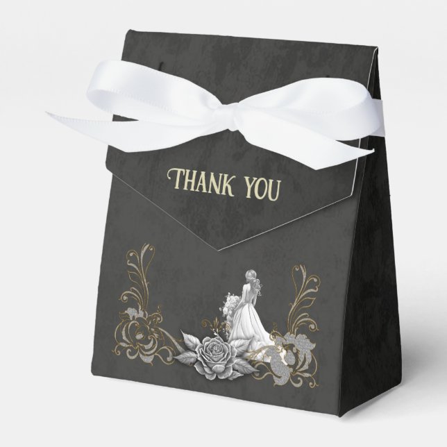 Caixinha De Lembrancinhas Elegância em prata e preto. (Frente)