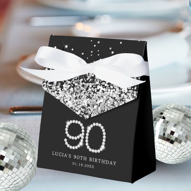 Caixinha De Lembrancinhas Elegant Black Silver Diamonds 90th Birthday (Diamonds 90th Birthday Favor Boxes)