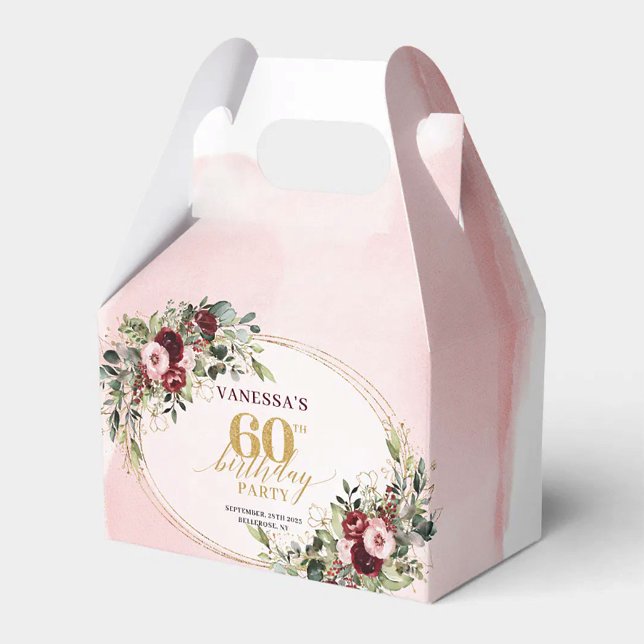 Caixinha De Lembrancinhas Elegant Boho Burgundy Gold Floral 60th Favor Box (Elegant Boho Burgundy Blush Roses 60th Birthday Box

)