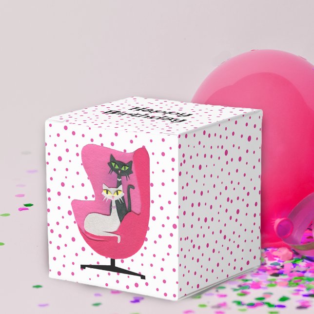Caixinha De Lembrancinhas Elegant Cats Mid Century Chair Polka Dots Birthday (Elegant black and white cats sitting in pink chair on white with pink polka dots favor or gift box.)