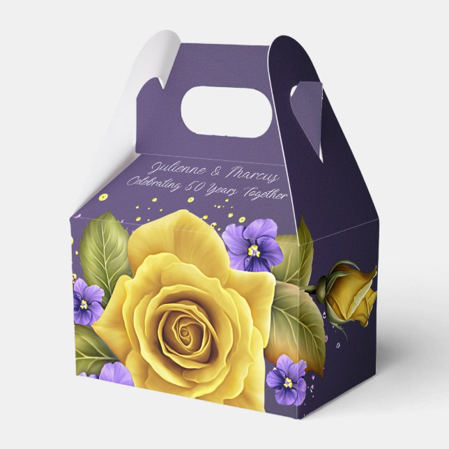 Caixinha De Lembrancinhas Elegant Yellow Roses, Purple Violets 50th Anniv | (Frente)