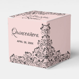 Caixinha De Lembrancinhas Elegante Black Swirls em Quinceañera Rosa Esmagado