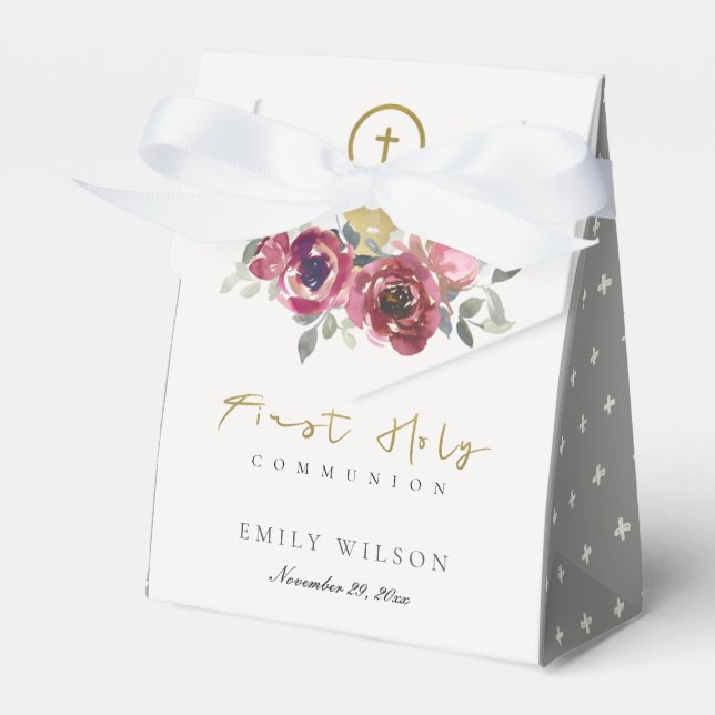 CAIXINHA DE LEMBRANCINHAS ELEGANTE BURGUNDY DOURADA FLORAL PRIMEIRA COMUNICA (Frente)