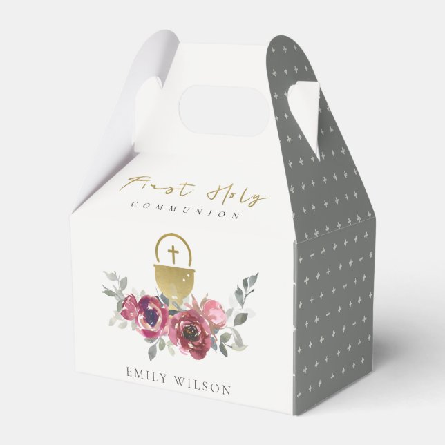 CAIXINHA DE LEMBRANCINHAS ELEGANTE BURGUNDY DOURADA FLORAL PRIMEIRA COMUNICA (Frente)