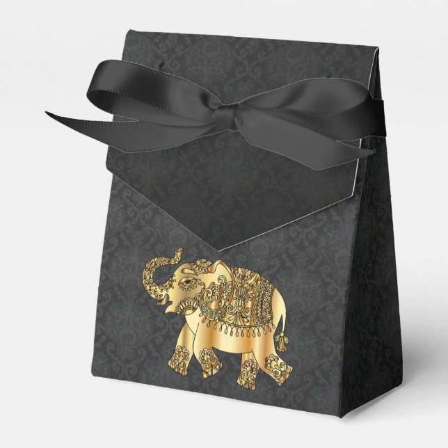 Caixinha De Lembrancinhas Elegante Dourado Paisley Floral Elephant, Black Da (Frente)