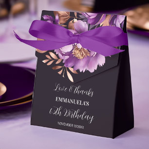 Caixinha De Lembrancinhas Elegante, rosa de ouro roxo, aniversário floral