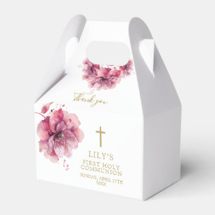 Caixinha De Lembrancinhas Elegante Sagrada Comunhão Floral em Aquarela Rosa